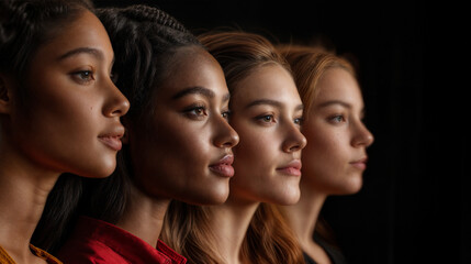 Obraz premium This is a stock photo of a group of women standing side by side with their heads turned to the side.