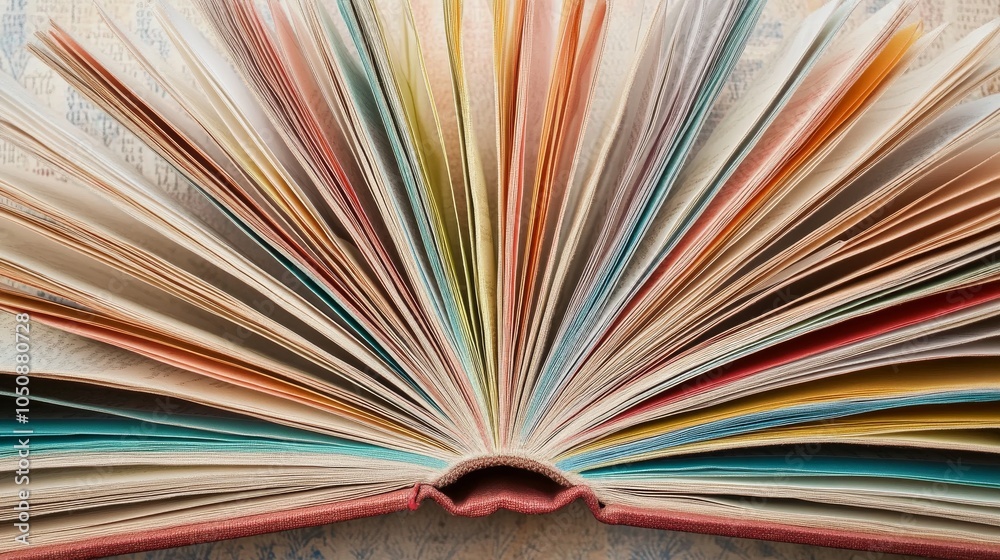 Poster A striking image of an open book with pages of different colors and textures fanned out, Representing the depth and richness of knowledge that comes from diverse sources and perspectives