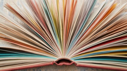 A striking image of an open book with pages of different colors and textures fanned out, Representing the depth and richness of knowledge that comes from diverse sources and perspectives