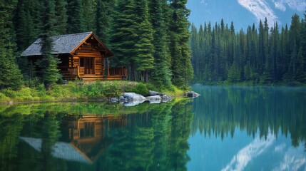 Fototapeta premium Wooden log cabin by a tranquil lake