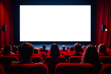 Fototapeta premium People in the cinema watching a movie. Blank empty white screen. People silhouettes in the cinema