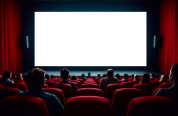 People in the cinema watching a movie. Blank empty white screen. People silhouettes in the cinema