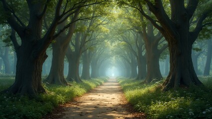 Obraz premium Mystical forest path with watching tree eyes embracing branches