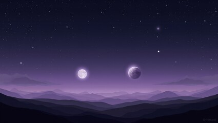 Enchanting night sky with planets stars and two moons in purple glow