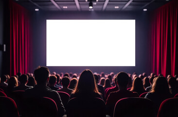 People in the cinema watching a movie. Blank empty white screen. People silhouettes in the cinema