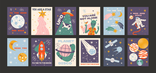 Cartoon space posters. Galactic elements, planets, rocket, UFO, astronaut, satellite, constellations. Shapes of the future of the universe in gravity, trendy retro doodle groovy banners 90s © Limpreom