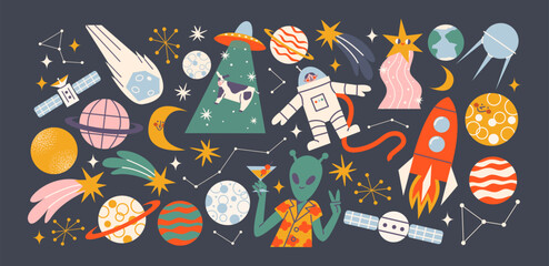 Cartoon space stickers. Galactic elements, planets, rocket, UFO, astronaut, satellite. Shapes of the future of the universe in gravity, trendy retro doodle groovy stickers 90s © Limpreom