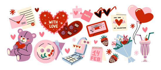 Cartoon stickers for St. Valentine's Day on February 14 in retro 90s style. Romantic elements, love envelope, hearts,love, gifts. Vector shapes set.	