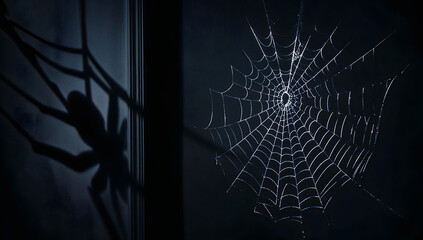 Spooky Halloween Spiderweb Illustration with Creepy Dark Background, Haunted Shadow Figure, and Golden Web Details for Eerie Holiday Atmosphere