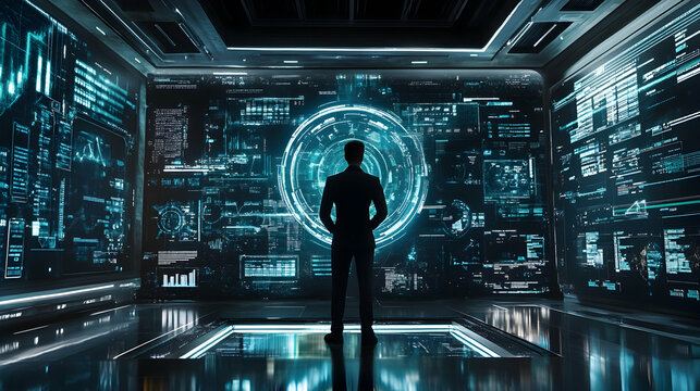 Businessman analyzing finance data with a holographic dashboard  -