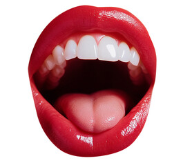 Close-up of open mouth woman with shiny  red lips isolated on white background