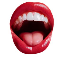 Close-up of open mouth woman with shiny  red lips isolated on white background