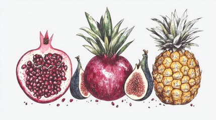 Hand-drawn colorful pomegranates and fruits, modern abstract minimal style, vector illustration