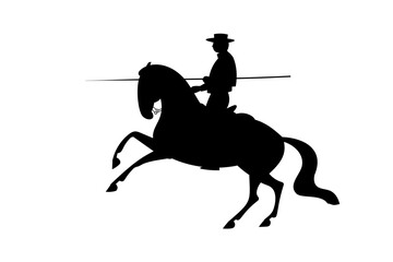 Fototapeta premium Silhouette of a man in traditional attire riding a horse, holding a long spear
