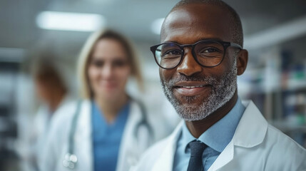A smiling male doctor in a white coat is accompanied by a female colleague in a medical setting, highlighting teamwork and care