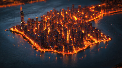 City lights sparkle along the waterfront, revealing a bustling urban environment at night with a stunning skyline backdrop