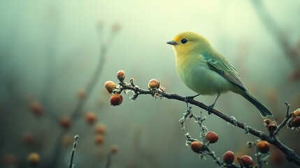 Obraz premium A small, yellow bird perches on a branch with red berries, in a foggy forest.