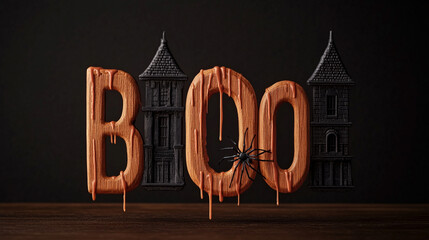 Halloween-themed letters with dripping chocolate, spider and spooky castle backdrop.