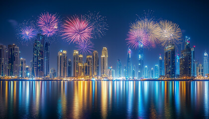 A view of Dubai that comes alive with the bright lights of fireworks that sparkle in the night sky