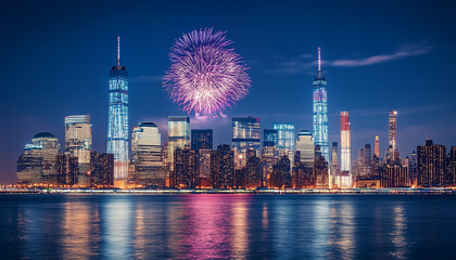 Obraz premium A view of Manhattan in New York City, which comes alive with the bright lights of fireworks that sparkle in the night sky