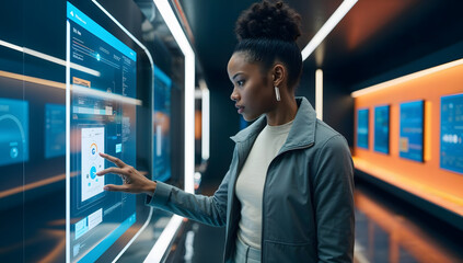 Fototapeta premium Black female, Chief Technology Officer, using a tablet standing in Big Data Center. AI. IT Specialist.