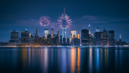 Obraz premium A view of Manhattan in New York City, which comes alive with the bright lights of fireworks that sparkle in the night sky