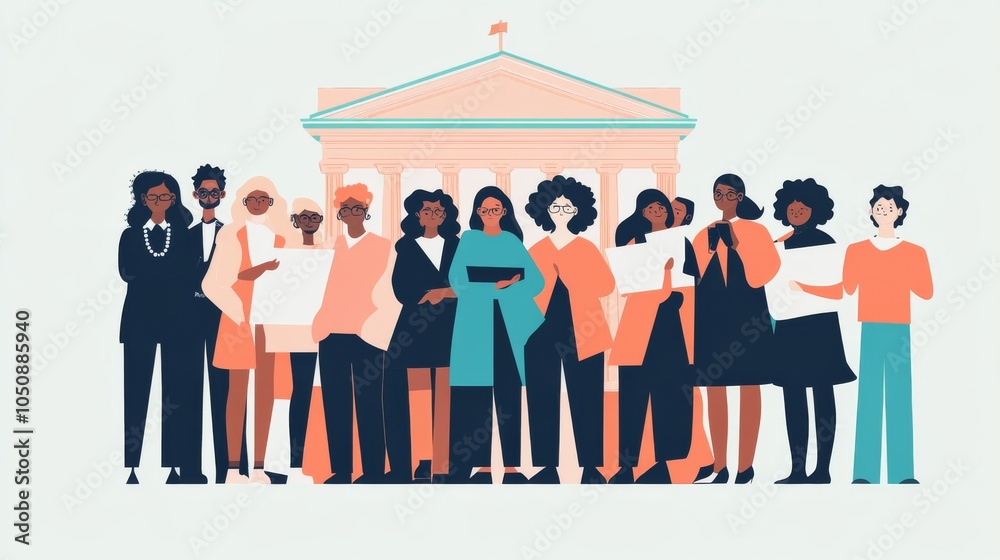 Poster a striking visual of social justice, showing a diverse group of people standing together in front of
