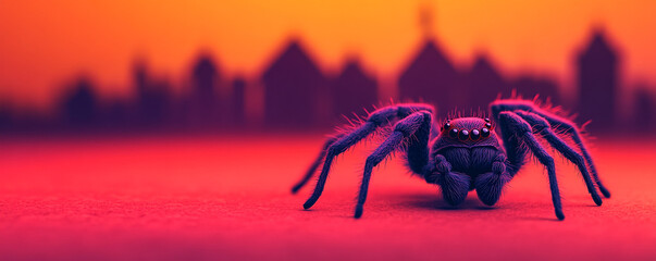 A vibrant spider against a colorful urban backdrop at sunset.