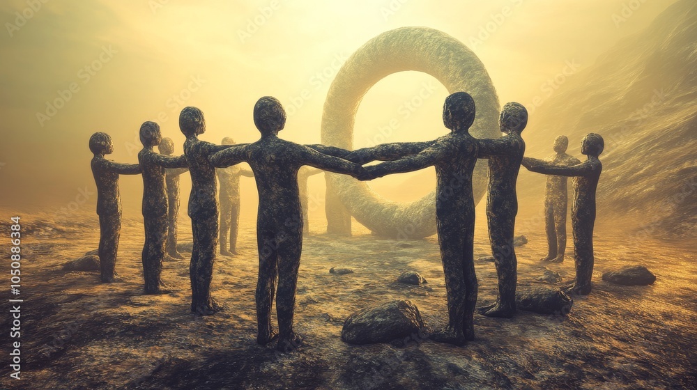 Aufkleber A surreal landscape with abstract figures embracing in a circle, Signifying unity and mutual respect in diverse relationships, photography style