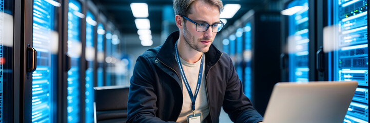 Administrator Working With Data Protection Engineering Network for Cyber Security in data center, Server Farm Cloud Computing Facility with System. AI, IT