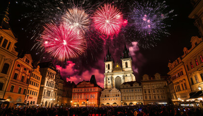 Naklejka premium Prague's Christmas Square comes alive with the bright lights of fireworks that sparkle in the night sky