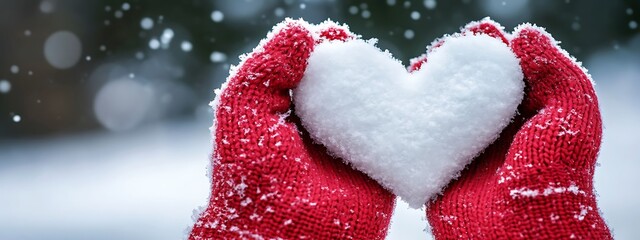 hands in red mittens holding heart shaped snow, welcome winter, cold winter season lover, symbol of love, happy winter holidays