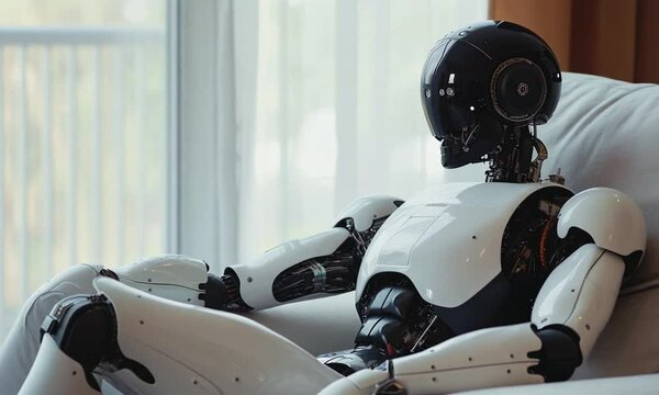 Sophisticated humanoid robot sitting on a couch, gazing thoughtfully out of a window, showcasing advanced technology and design.