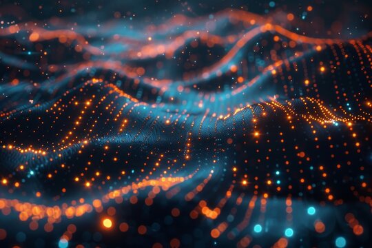 This is a digital background with waveforms and glowing particles, perfect for hightech and futuristic designs