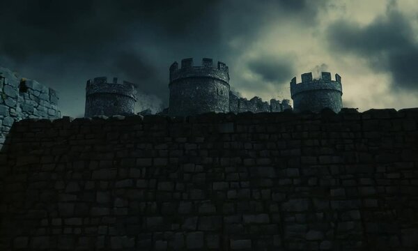 Mysterious dark medieval castle surrounded by fog and ominous clouds, illuminated by flickering lights, evoking a sense of haunting mystery