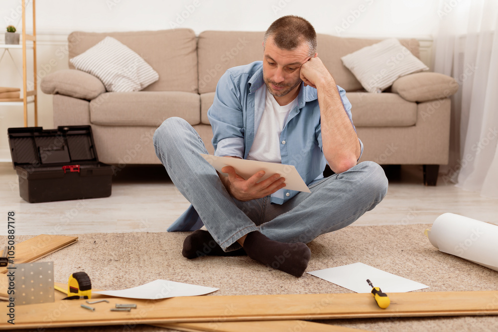 Aufkleber puzzled middle-aged man reading furniture assembly manual in confusion installing shelf sitting amon
