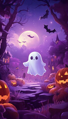 Halloween Background with Cute Ghost, Pumpkins, Full Moon, and Bats in a Purple Forest-