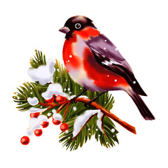 Obraz premium Bullfinch on coniferous branch with berries and snow. Digital watercolor isolated illustration on white background