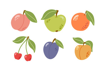 Summer fruits and berries with leaves. Orange, peach, apple, cherry, plum, apricot. Hand drawn cartoon set illustration.