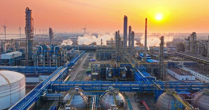 Aerial shot of oil refinery and chemical plant in large industrial area at sunset
