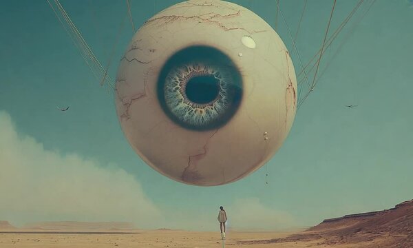 Surreal landscape featuring a giant floating eyeball above a lone figure in a desert, with a dreamlike sky and abstract elements