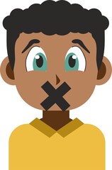 Illustration portrait of a young afro American man with Japanese anime style graphics and colors in flat design with his mouth sealed by an X. Concept of censorship and oppression of freedom of speech