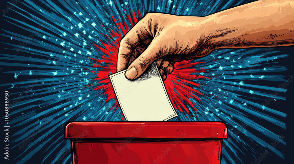 Wall mural a hand places a blank ballot into a red box amidst a dynamic backdrop of blue and red bursts, symbol