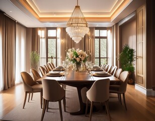 Fototapeta premium Large dining room with a long table and many chairs