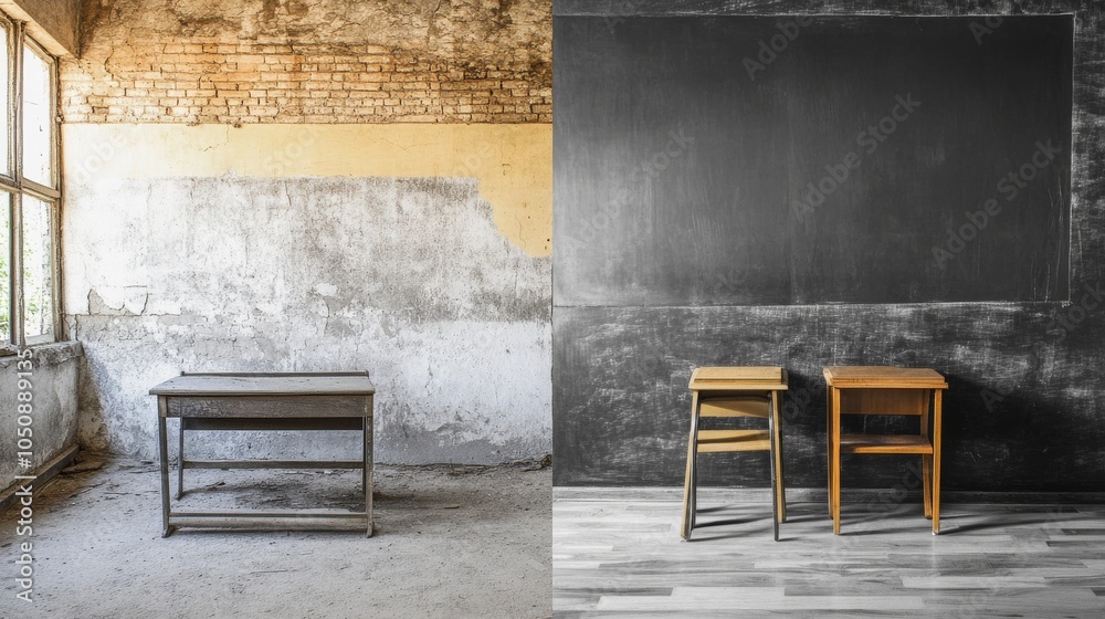 Poster a symbolic representation of educational disparity, showing an empty, dilapidated classroom juxtapos