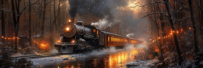 Naklejka premium A vintage steam train moves through a snow-covered forest at twilight, illuminated by glowing lights along the railway tracks