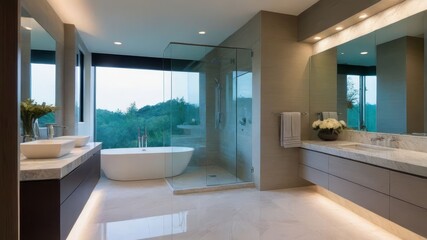 Fototapeta premium Large bathroom with a walk in shower and a bathtub