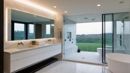 Fototapeta premium Large bathroom with a bathtub and a walk-in shower
