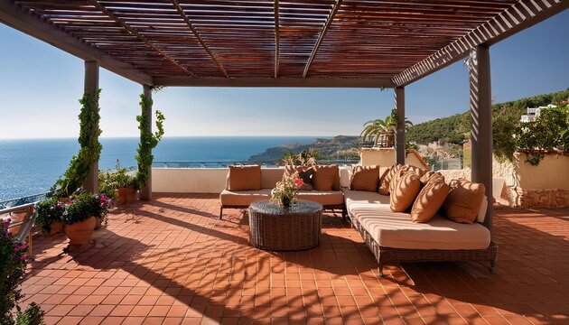 Mediterranean-style outdoor patio with terracotta tiles, comfortable seating, a pergola, and view over the sea