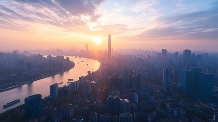 Fototapeta premium Sunrise Illuminating Cityscape with Flowing River and Towering Mountain Views photo